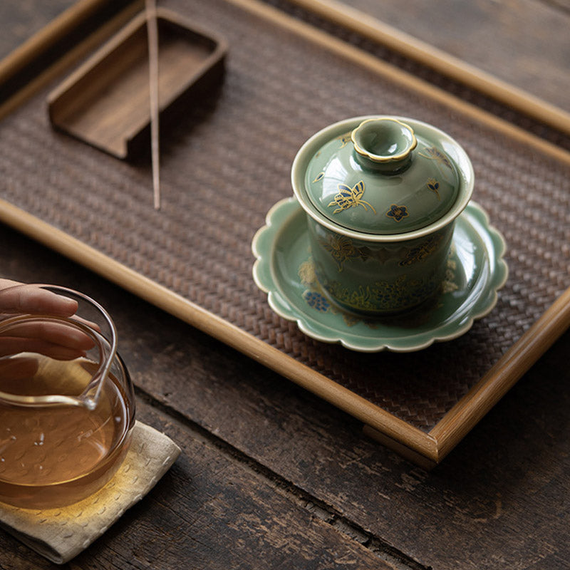 Buddha Stones Green Porcelain Butterfly Flower Salmon Fish Ceramic Gaiwan Sancai Teacup Kung Fu Tea Cup And Saucer With Lid - image 9