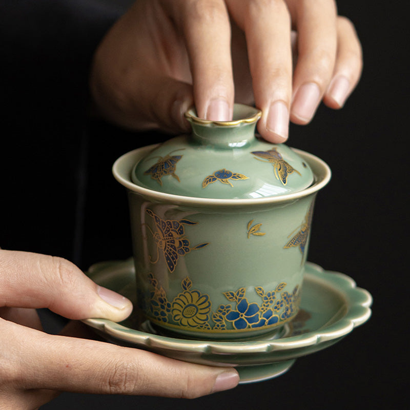 Buddha Stones Green Porcelain Butterfly Flower Salmon Fish Ceramic Gaiwan Sancai Teacup Kung Fu Tea Cup And Saucer With Lid - image 3