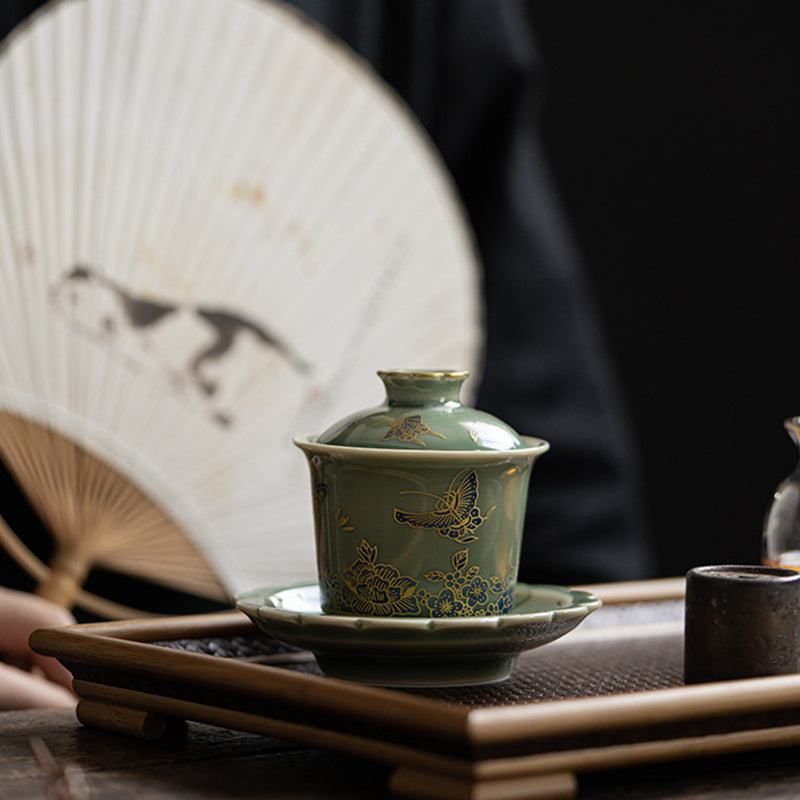 Buddha Stones Green Porcelain Butterfly Flower Salmon Fish Ceramic Gaiwan Sancai Teacup Kung Fu Tea Cup And Saucer With Lid - image 8