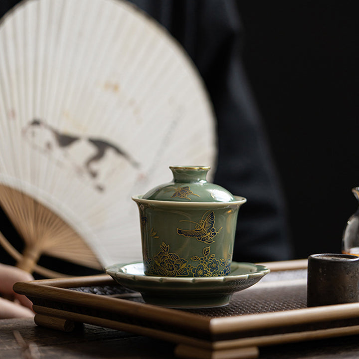 Buddha Stones Green Porcelain Butterfly Flower Salmon Fish Ceramic Gaiwan Sancai Teacup Kung Fu Tea Cup And Saucer With Lid - image 8