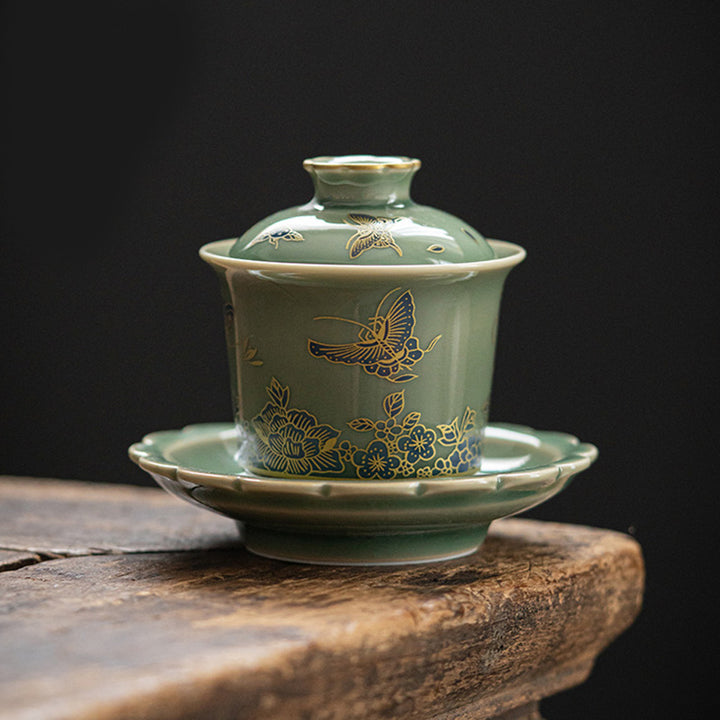 Buddha Stones Green Porcelain Butterfly Flower Salmon Fish Ceramic Gaiwan Sancai Teacup Kung Fu Tea Cup And Saucer With Lid - image 2