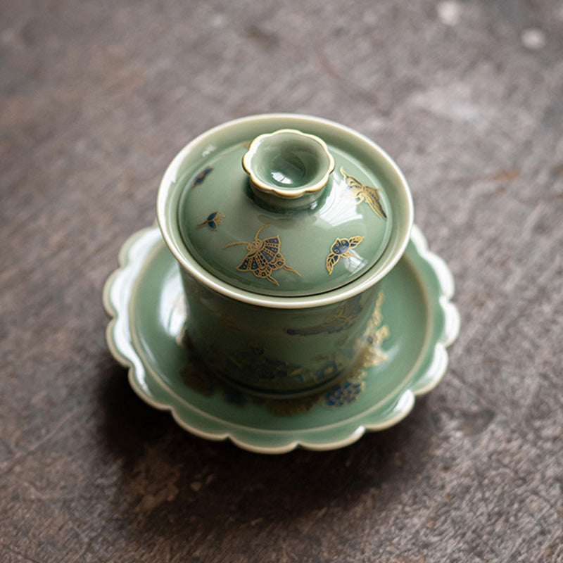 Buddha Stones Green Porcelain Butterfly Flower Salmon Fish Ceramic Gaiwan Sancai Teacup Kung Fu Tea Cup And Saucer With Lid - image 4