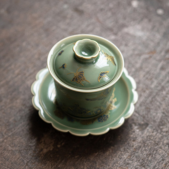 Buddha Stones Green Porcelain Butterfly Flower Salmon Fish Ceramic Gaiwan Sancai Teacup Kung Fu Tea Cup And Saucer With Lid - image 4
