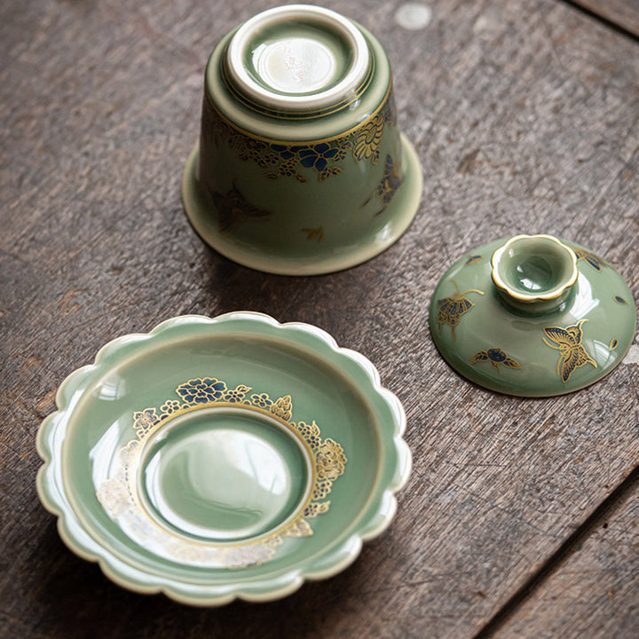 Buddha Stones Green Porcelain Butterfly Flower Salmon Fish Ceramic Gaiwan Sancai Teacup Kung Fu Tea Cup And Saucer With Lid - image 5