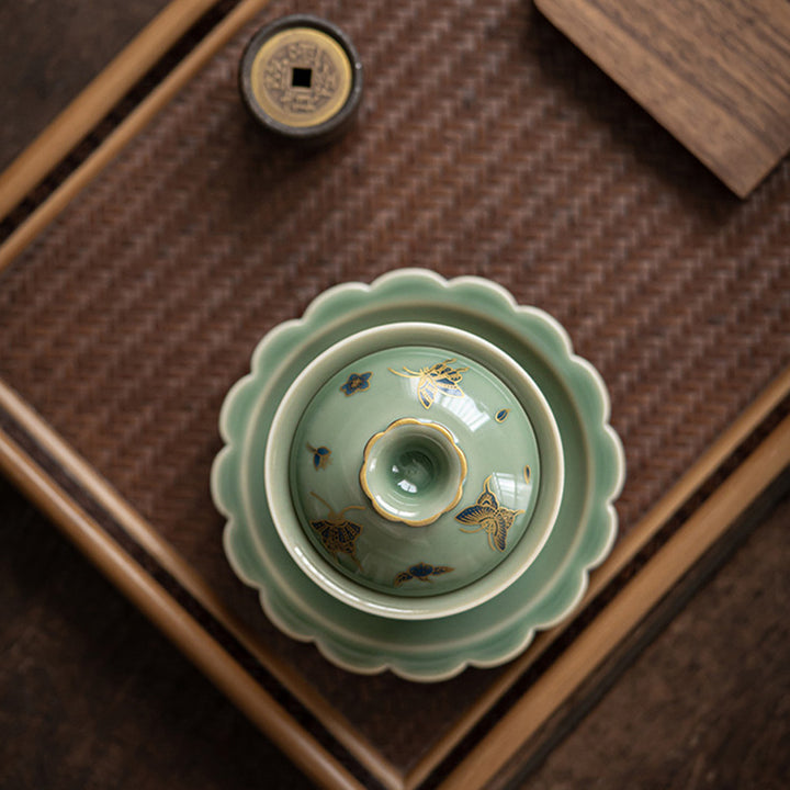Buddha Stones Green Porcelain Butterfly Flower Salmon Fish Ceramic Gaiwan Sancai Teacup Kung Fu Tea Cup And Saucer With Lid - image 6