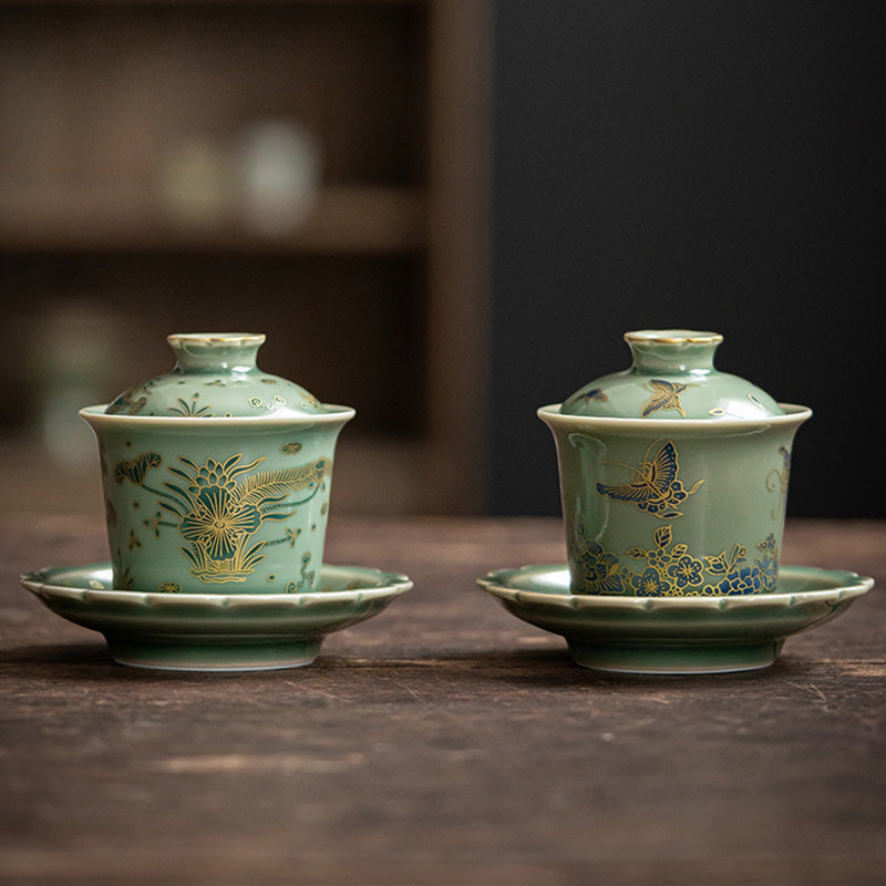 Buddha Stones Green Porcelain Butterfly Flower Salmon Fish Ceramic Gaiwan Sancai Teacup Kung Fu Tea Cup And Saucer With Lid - image 0