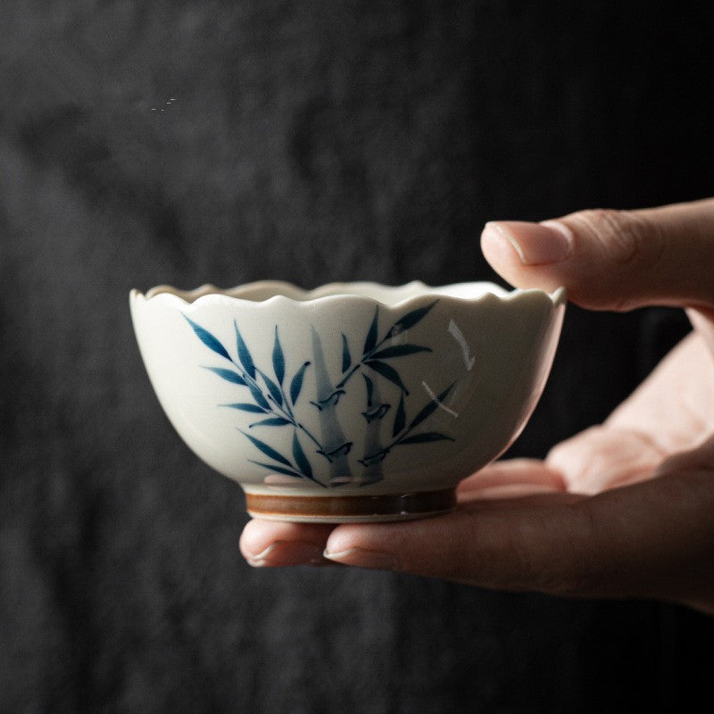Buddha Stones Small Blue Bamboo Leaves Ceramic Teacup Kung Fu Tea Cup Bowl - 7.7cm*4cm*65ml - image 0