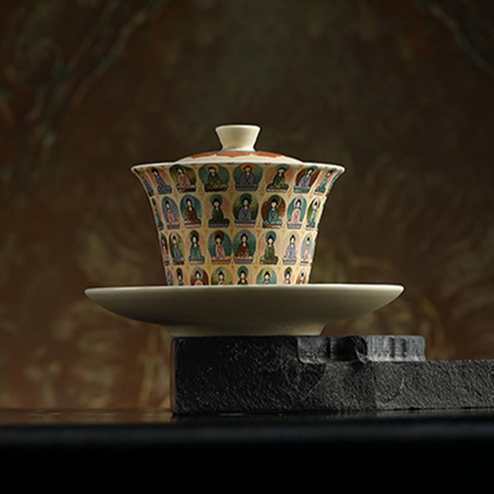 Buddha Stones Dunhuang Color Thousand Buddhas Flying Apsaras Pattern Gaiwan Teacup Kung Fu Tea Cup With Lid - Dunhuang Thousand Buddhas 13.5cm*9.5cm*150ml - image 0