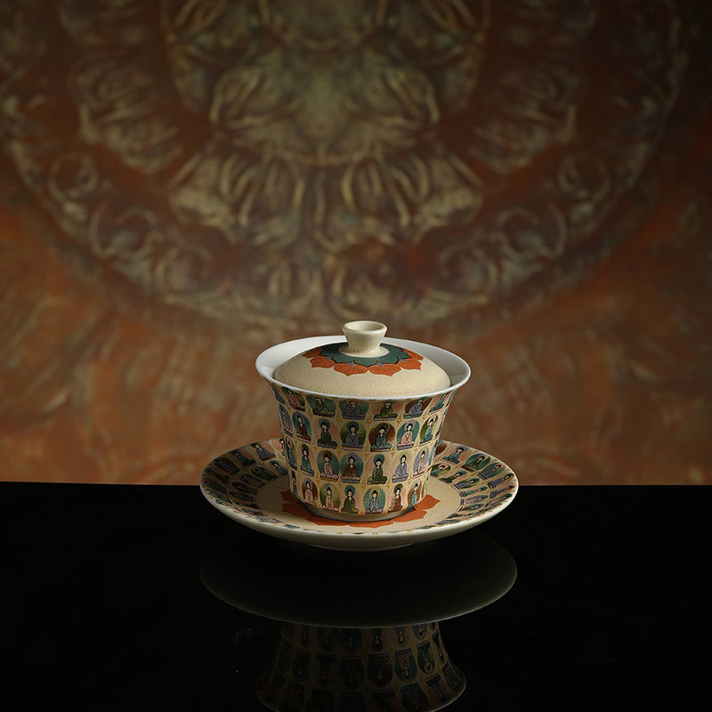 Buddha Stones Dunhuang Color Thousand Buddhas Flying Apsaras Pattern Gaiwan Teacup Kung Fu Tea Cup With Lid - image 1