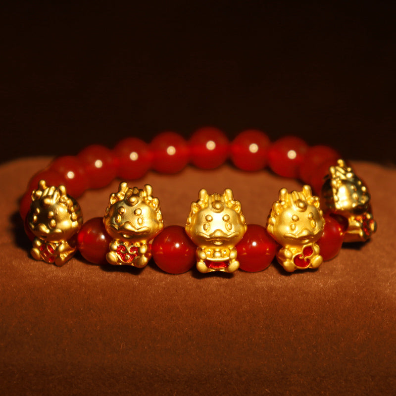 Buddha Stones Year of the Dragon Natural Red Agate Copper Coin Fu Character Protection Bracelet - image 3