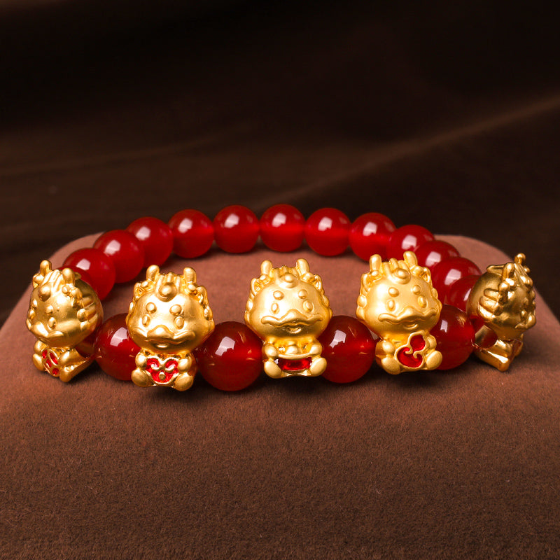 Buddha Stones Year of the Dragon Natural Red Agate Copper Coin Fu Character Protection Bracelet - Red Agate(Confidence♥Calm)(Wrist Circumference 14-16cm) - image 0