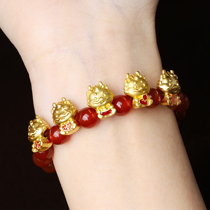 Buddha Stones Year of the Dragon Natural Red Agate Copper Coin Fu Character Protection Bracelet - image 5