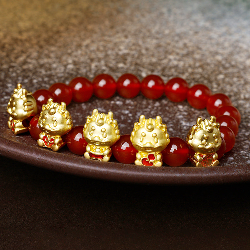 Buddha Stones Year of the Dragon Natural Red Agate Copper Coin Fu Character Protection Bracelet - image 1