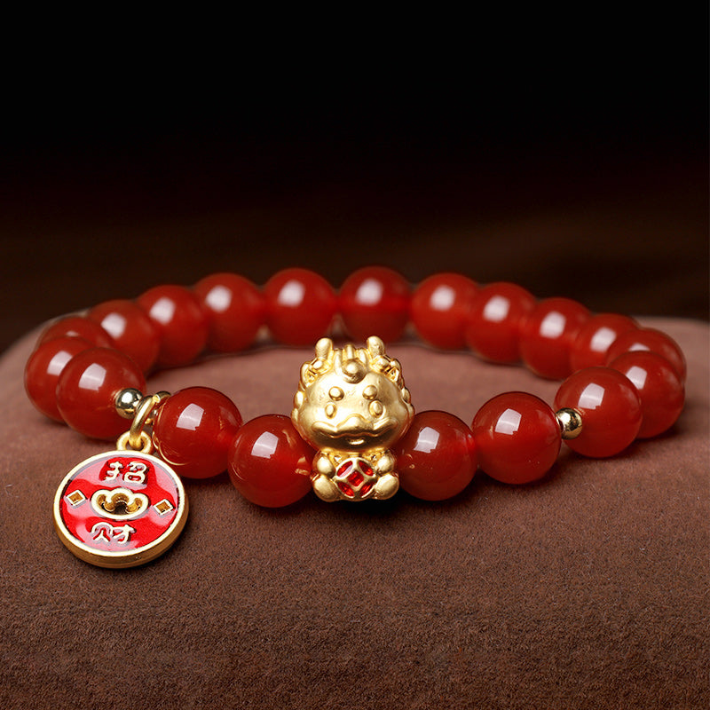 Buddha Stones Year of the Dragon Natural Red Agate Copper Coin Attract Fortune Bracelet - image 3
