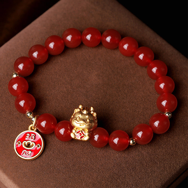 Buddha Stones Year of the Dragon Natural Red Agate Copper Coin Attract Fortune Bracelet - image 4
