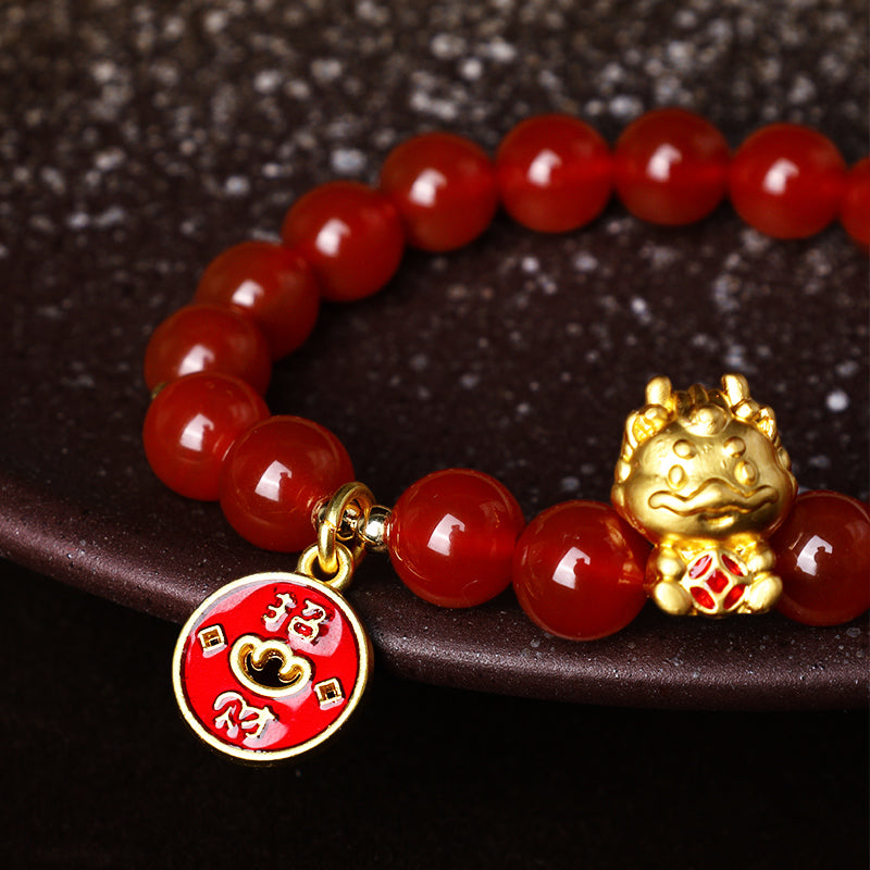Buddha Stones Year of the Dragon Natural Red Agate Copper Coin Attract Fortune Bracelet - image 5
