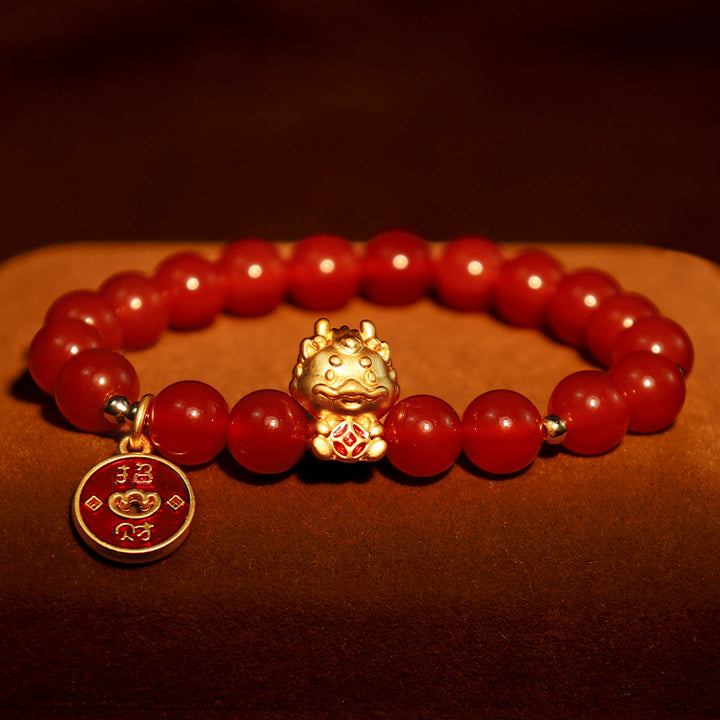 Buddha Stones Year of the Dragon Natural Red Agate Copper Coin Attract Fortune Bracelet - Red Agate(Confidence♥Calm)(Wrist Circumference 14-16cm) - image 0