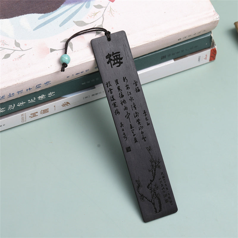 Buddha Stones Plum Orchid Bamboo Chrysanthemum Wood Bookmarks With Gift Box - Plum-Ebony - image 1