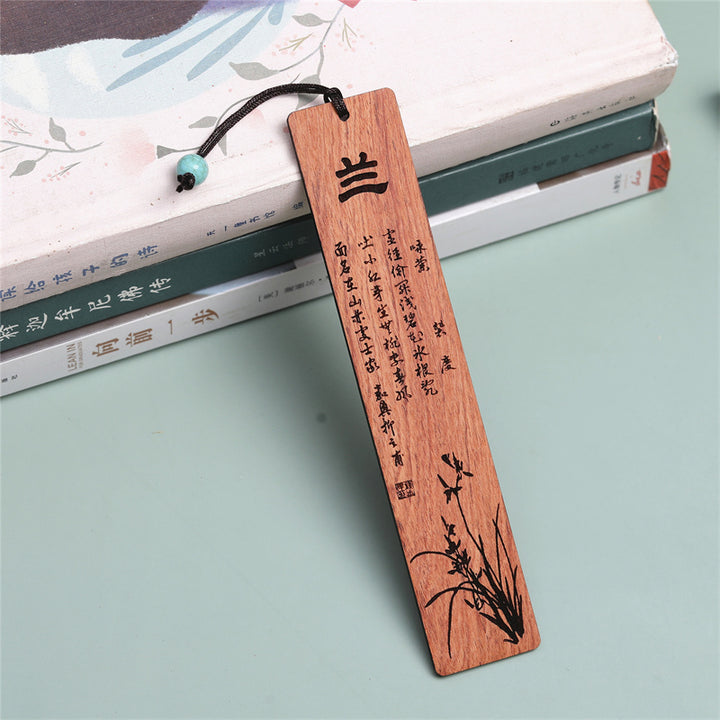 Buddha Stones Plum Orchid Bamboo Chrysanthemum Wood Bookmarks With Gift Box - Orchid-Rosewood - image 2
