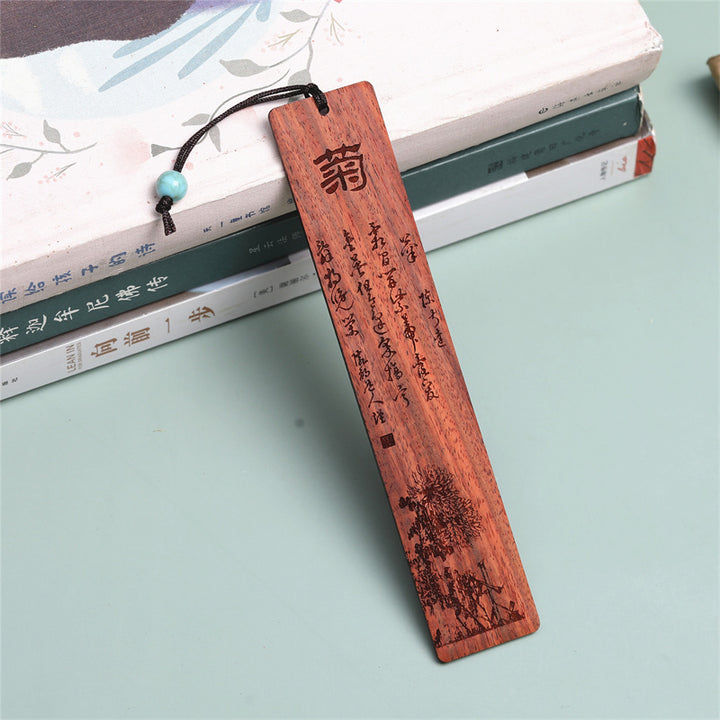 Buddha Stones Plum Orchid Bamboo Chrysanthemum Wood Bookmarks With Gift Box - Chrysanthemum-Sandalwood - image 4