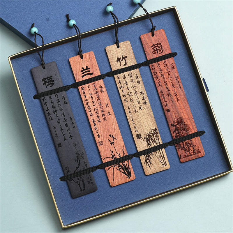 Buddha Stones Plum Orchid Bamboo Chrysanthemum Wood Bookmarks With Gift Box - 4pcs Plum Orchid Bamboo Chrysanthemum - image 6
