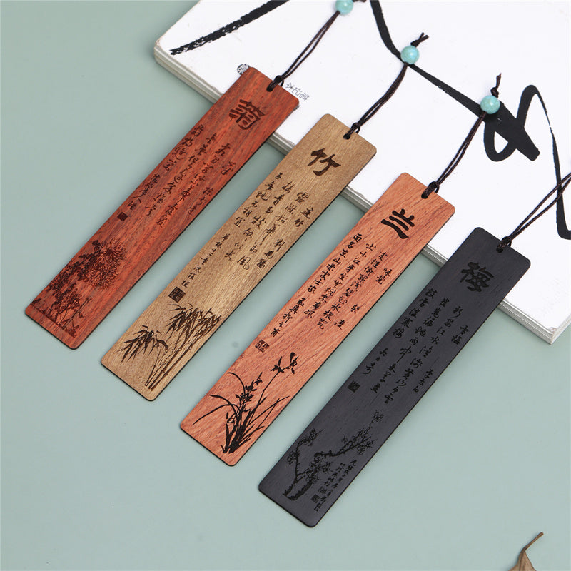 Buddha Stones Plum Orchid Bamboo Chrysanthemum Wood Bookmarks With Gift Box - image 7