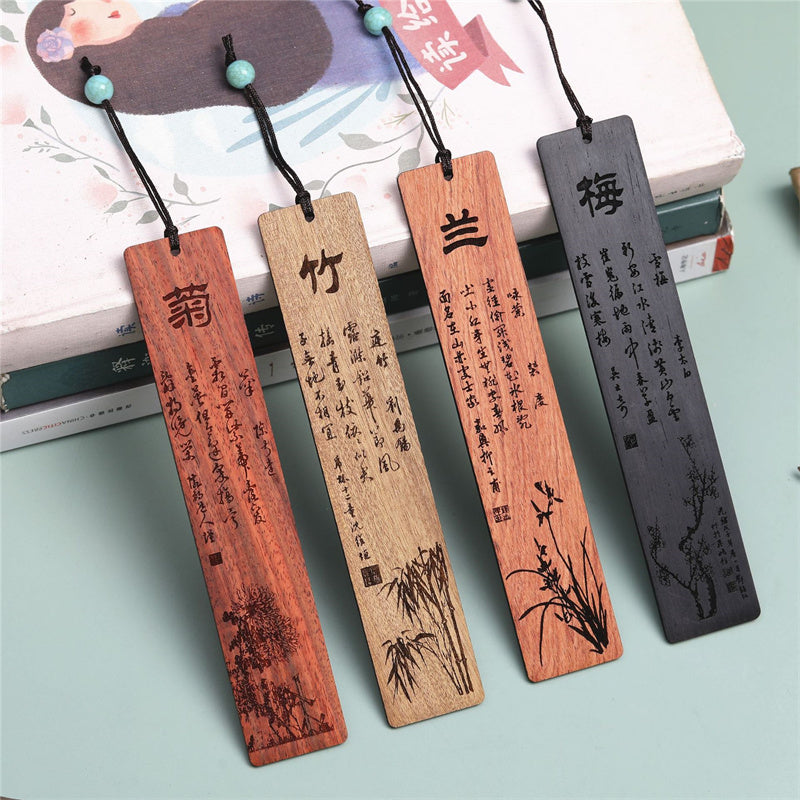 Buddha Stones Plum Orchid Bamboo Chrysanthemum Wood Bookmarks With Gift Box - image 0