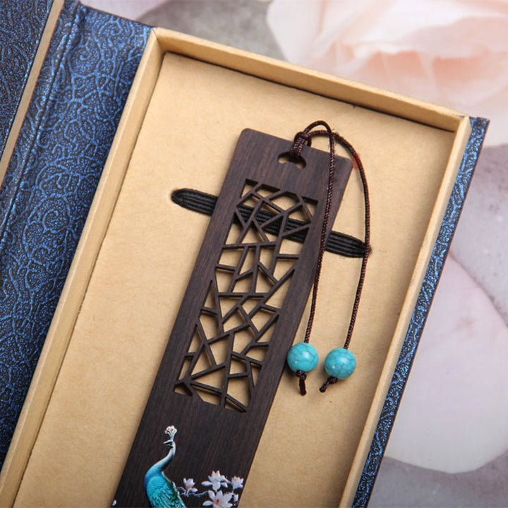 Buddha Stones Blue Peacock Ebony Wood Bookmarks With Gift Box - image 5