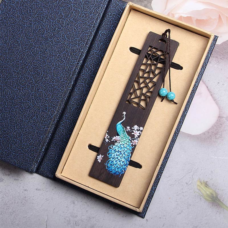 Buddha Stones Blue Peacock Ebony Wood Bookmarks With Gift Box - image 1