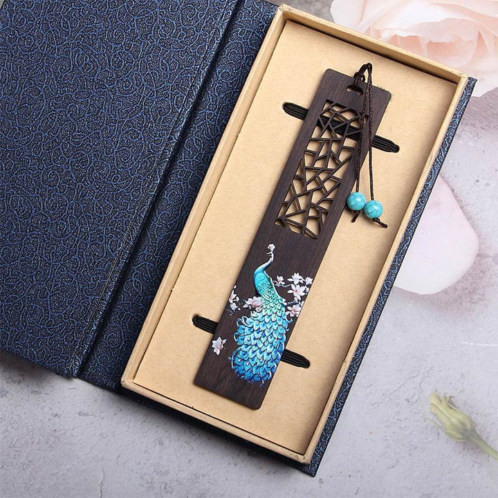 Buddha Stones Blue Peacock Ebony Wood Bookmarks With Gift Box - image 1