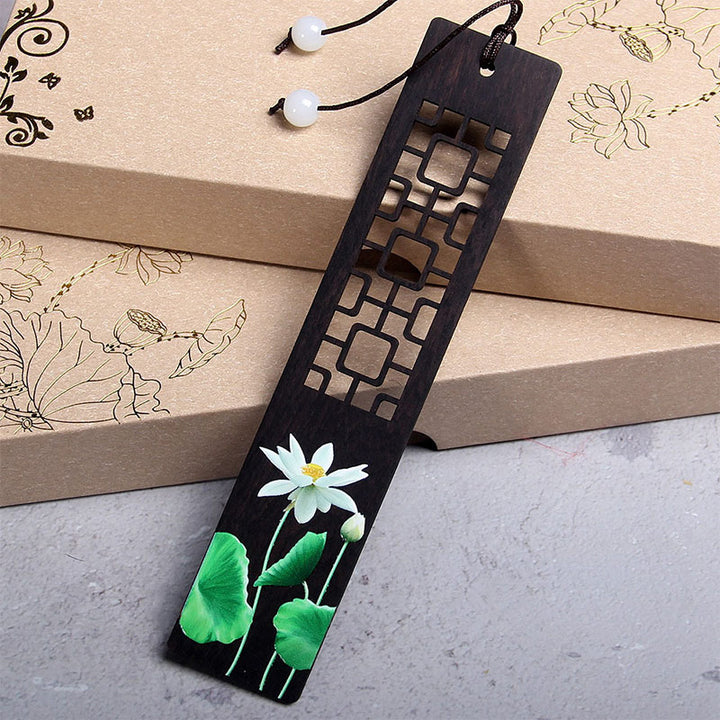 Buddha Stones Green Lotus Bamboo Oriole Ebony Wood Bookmarks With Gift Box - Lotus-2 - image 2
