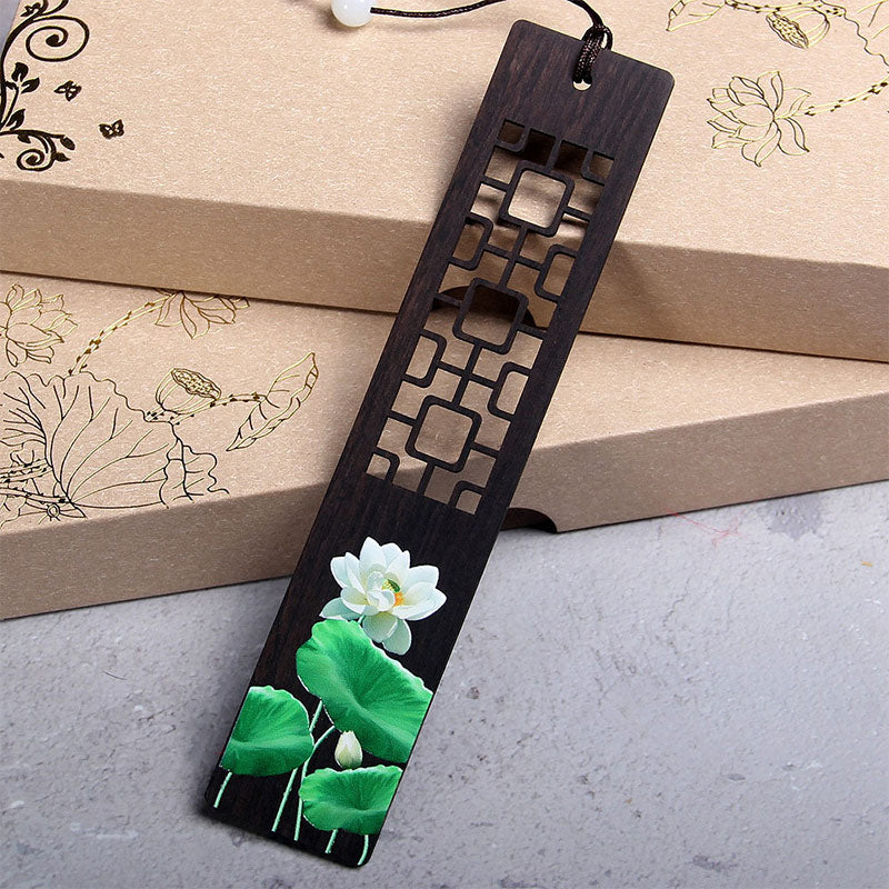 Buddha Stones Green Lotus Bamboo Oriole Ebony Wood Bookmarks With Gift Box - Lotus-1 - image 1