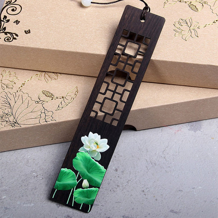 Buddha Stones Green Lotus Bamboo Oriole Ebony Wood Bookmarks With Gift Box - Lotus-1 - image 1