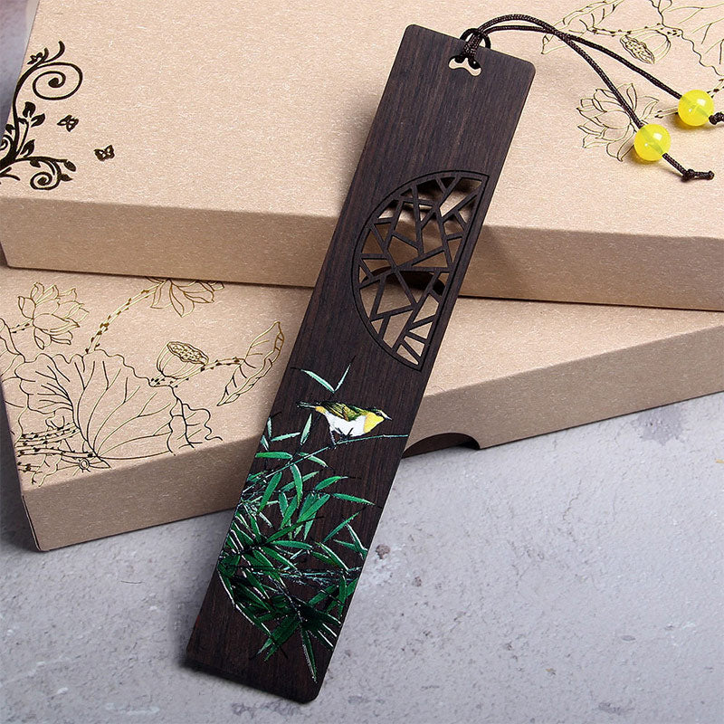 Buddha Stones Green Lotus Bamboo Oriole Ebony Wood Bookmarks With Gift Box - Oriole Bird-1 - image 3