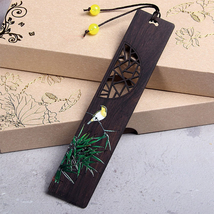 Buddha Stones Green Lotus Bamboo Oriole Ebony Wood Bookmarks With Gift Box - Oriole Bird-2 - image 4