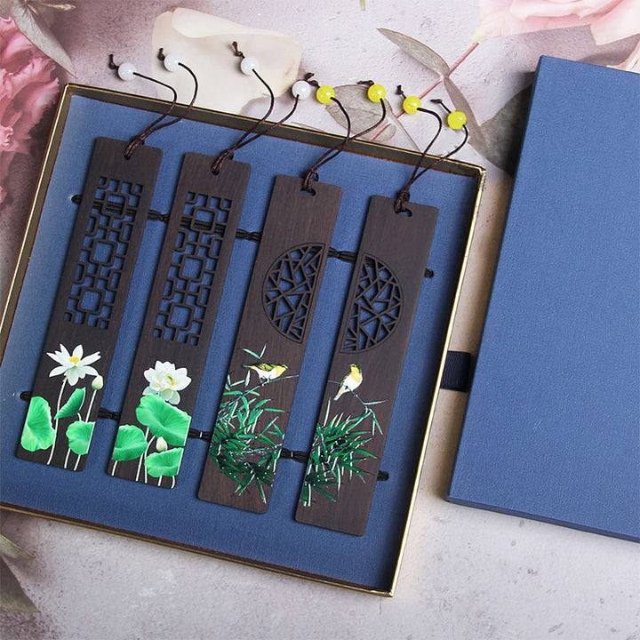 Buddha Stones Green Lotus Bamboo Oriole Ebony Wood Bookmarks With Gift Box - 4Pcs Lotus Oriole Bird-Drawer Gift Box - image 6