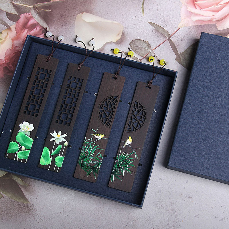 Buddha Stones Green Lotus Bamboo Oriole Ebony Wood Bookmarks With Gift Box - 4Pcs Lotus Oriole Bird-Cover Gift Box - image 9
