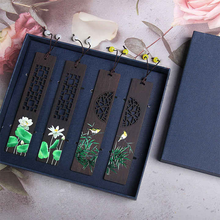 Buddha Stones Green Lotus Bamboo Oriole Ebony Wood Bookmarks With Gift Box - 4Pcs Lotus Oriole Bird-Cover Gift Box - image 9