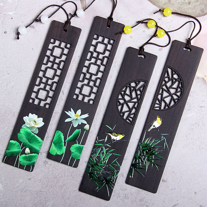 Buddha Stones Green Lotus Bamboo Oriole Ebony Wood Bookmarks With Gift Box - image 0