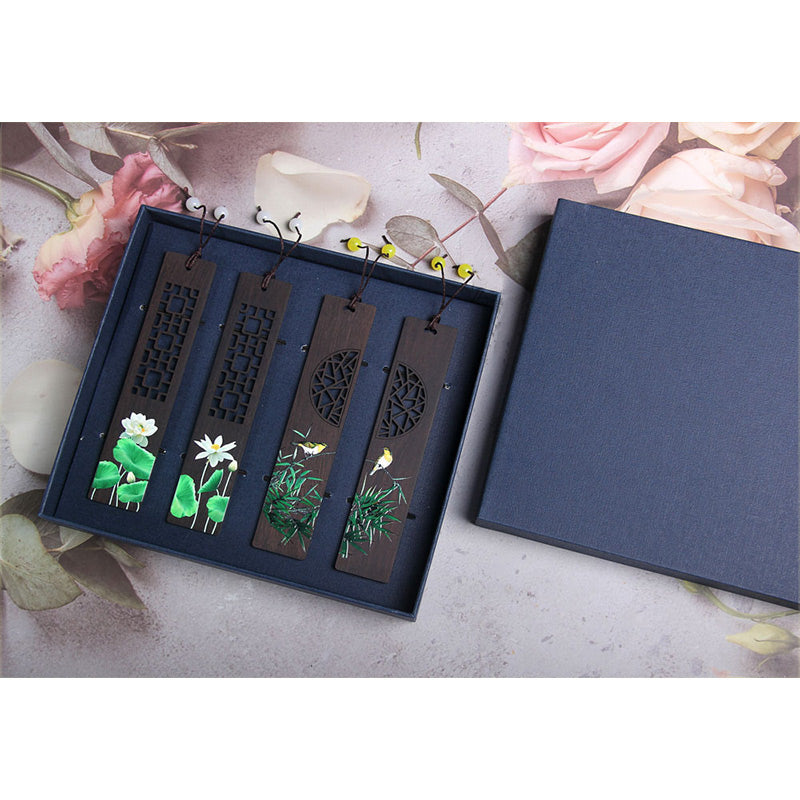 Buddha Stones Green Lotus Bamboo Oriole Ebony Wood Bookmarks With Gift Box - image 10