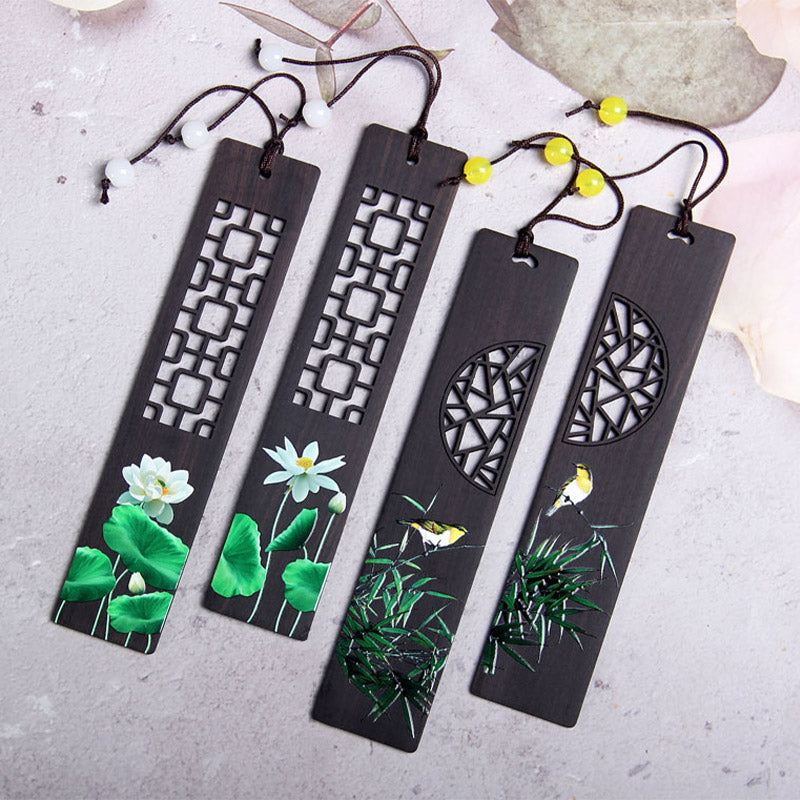 Buddha Stones Green Lotus Bamboo Oriole Ebony Wood Bookmarks With Gift Box - image 7