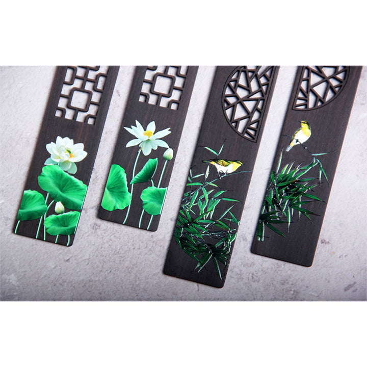 Buddha Stones Green Lotus Bamboo Oriole Ebony Wood Bookmarks With Gift Box - image 12