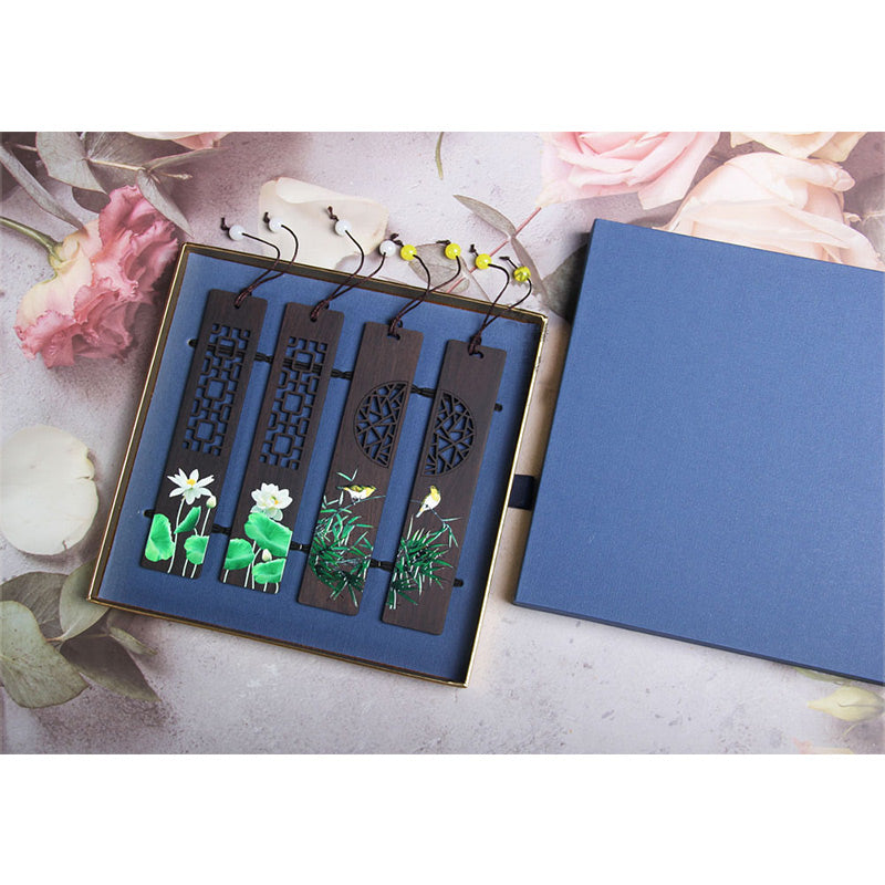 Buddha Stones Green Lotus Bamboo Oriole Ebony Wood Bookmarks With Gift Box - image 8