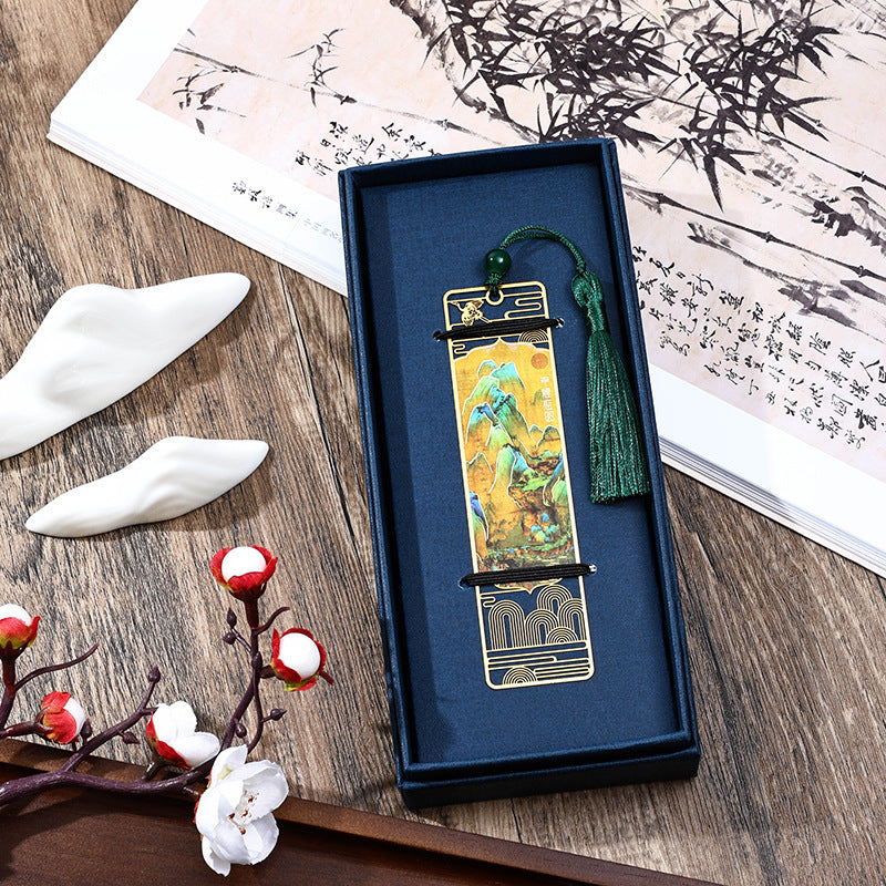 Buddha Stones A Panorama of Rivers and Mountains Metal Hollow Bookmarks Tassel With Gift Box - A Panorama of Rivers and Mountains - image 1