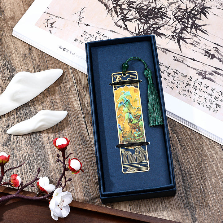 Buddha Stones A Panorama of Rivers and Mountains Metal Hollow Bookmarks Tassel With Gift Box - A Panorama of Rivers and Mountains - image 1