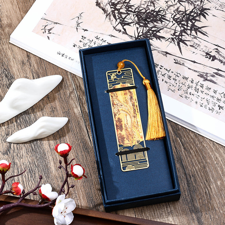 Buddha Stones A Panorama of Rivers and Mountains Metal Hollow Bookmarks Tassel With Gift Box - Along the River During the Qingming Festival - image 3