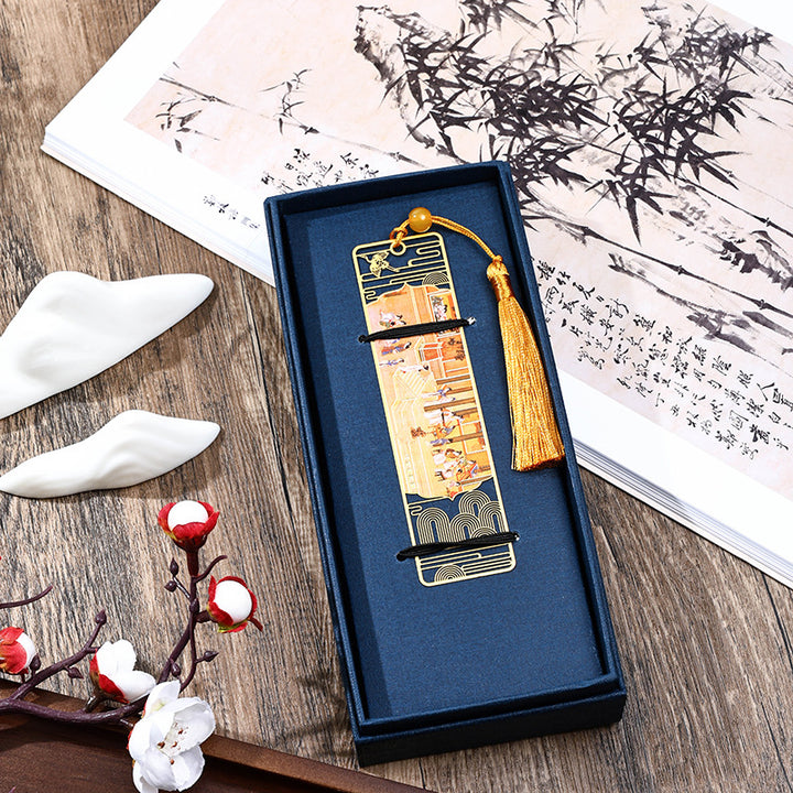 Buddha Stones A Panorama of Rivers and Mountains Metal Hollow Bookmarks Tassel With Gift Box - Spring morning in the Han Palace - image 9