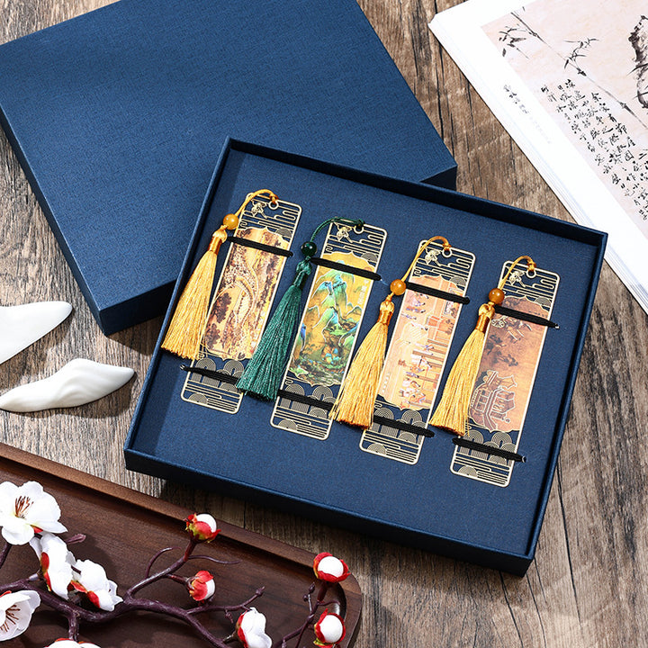 Buddha Stones A Panorama of Rivers and Mountains Metal Hollow Bookmarks Tassel With Gift Box - 4Pcs Set - image 11