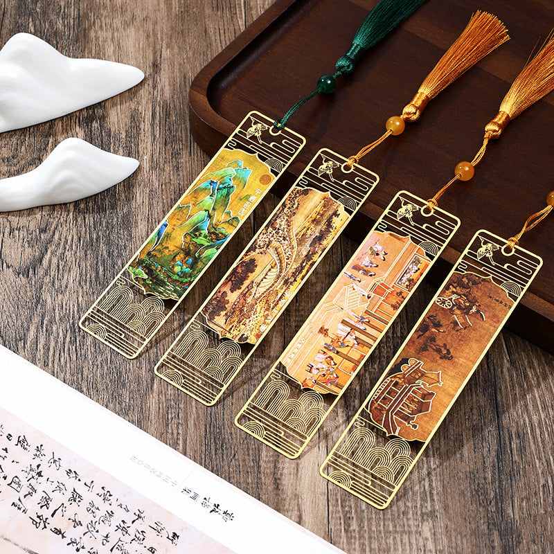 Buddha Stones A Panorama of Rivers and Mountains Metal Hollow Bookmarks Tassel With Gift Box - image 0