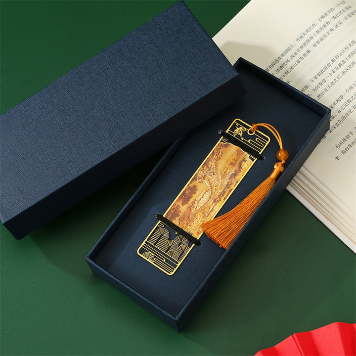 Buddha Stones A Panorama of Rivers and Mountains Metal Hollow Bookmarks Tassel With Gift Box - image 4